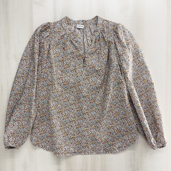 APOF floral peasant cotton floral printed blouse boho casual tuckernut L - Picture 1 of 10